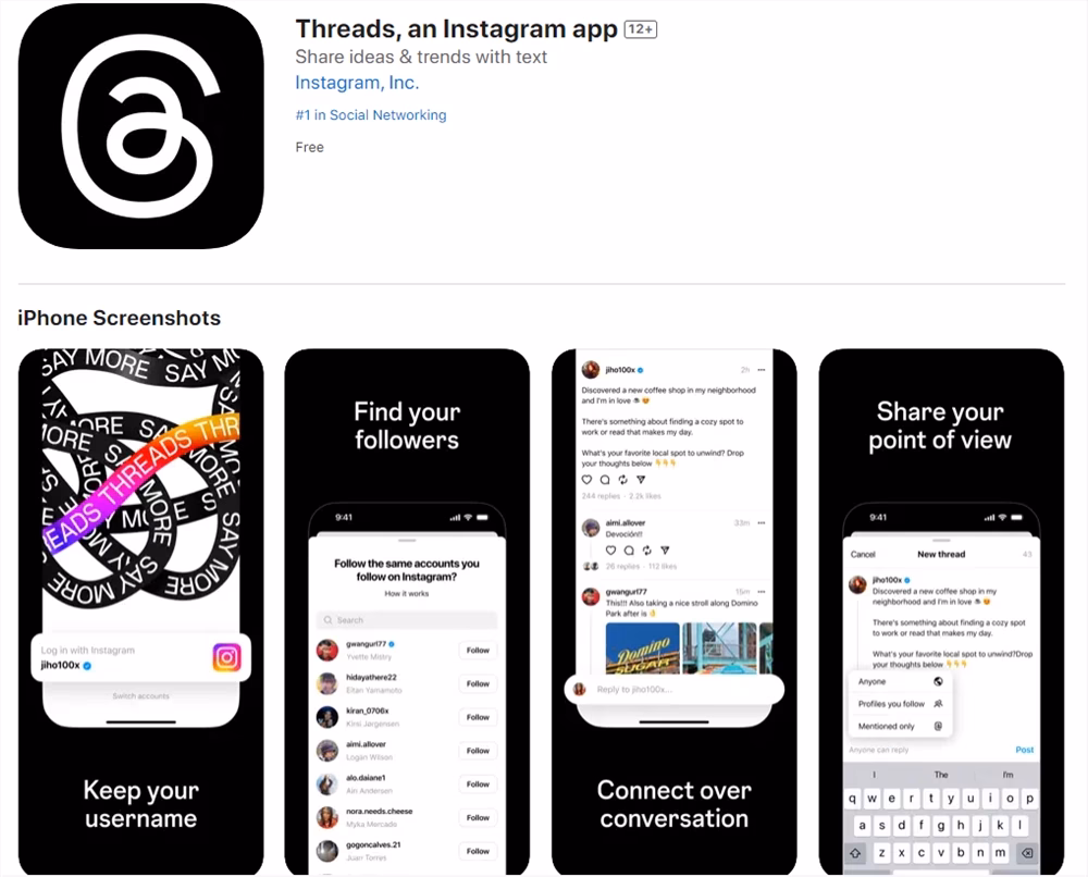 Facebook、Meta、Threads, an Instagram app (图片来源:官方或第三方截图) Facebook、Meta、Threads, an Instagram app