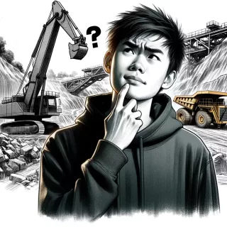 一位年轻的亚洲男士，穿着深色的连帽衫，左手抓着脸，表情显得有些困惑。他身后是一个庞大的采矿作业现场，有着大型机械、挖掘机和卡车在挖掘和搬运土壤。
