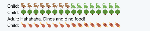 成人与孩子之间关于恐龙和恐龙食物的短信交流屏幕截图