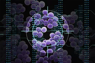 MRSA 细菌的形象，呈现为紫色的棉球状，图像中融合了深度学习网络和靶心标志。