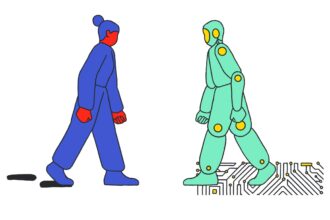 人类与人工智能机器人相遇的插图。插图作者 Pavel Popov