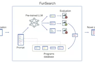 展示 FunSearch 过程的图解，包括代码截图、网络结构和带有勾选和叉号的图形。