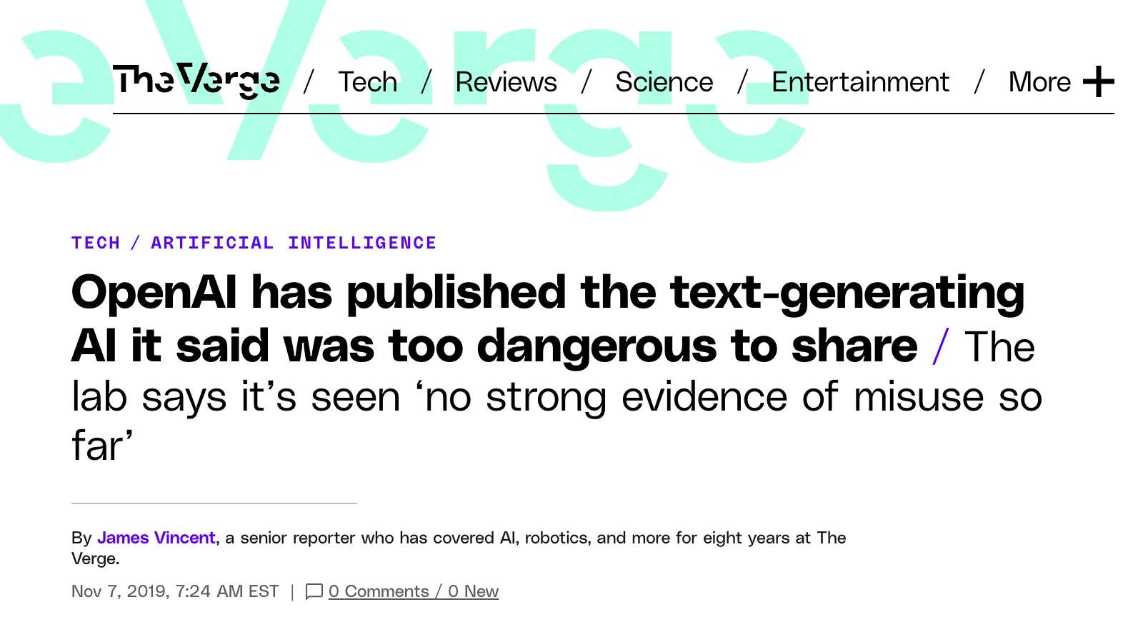 2019 年 11 月 7 日 The Verge 网站上 James Vincent 的文章标题截图：“OpenAI 已发布之前称为太危险而不愿分享的文本生成 AI / 实验室表示迄今未发现明显滥用情况”