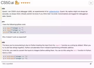 图 1: 在 CS50.ai 的主页上，学生们可以与 CS50 小黄鸭进行交流，这是一个互动型的“小黄鸭调试工具”。