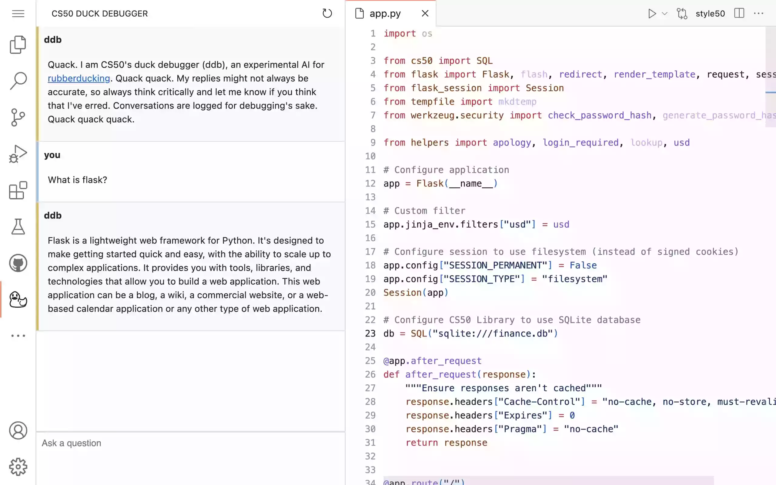 图 2: CS50 的学生也可以在 VS Code 中使用 CS50 小黄鸭，讨论计算机科学相关话题、解析代码，或提出代码风格改进建议。