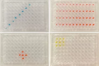 Coscientist 接到的任务是利用机器人来创建不同的图案。从左上角开始顺时针方向，它根据以下指令创造了这些图案：“画一个蓝色对角线”、“用你选的颜色隔行上色”、“用黄色画一个 3x3 的矩形”以及“画一个红色十字”。版权归卡内基梅隆大学所有