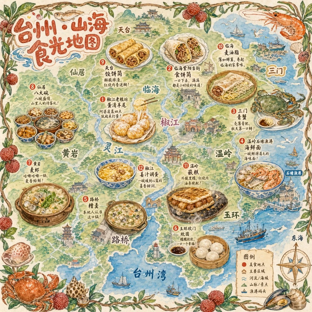 [AI生图咒语] 例11 – 一张手绘风格的城市美食地图，以台州为主题