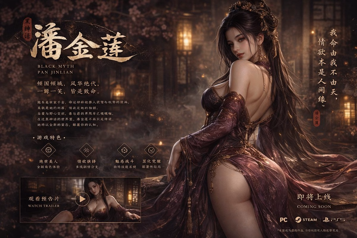 [AI生图咒语] 例207 – 黑神话潘金莲绝美游戏封面