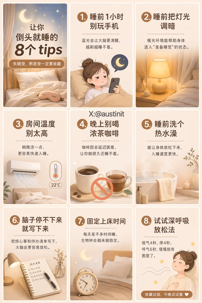 [AI生图咒语] 例235 – 治愈系助眠指南九宫格