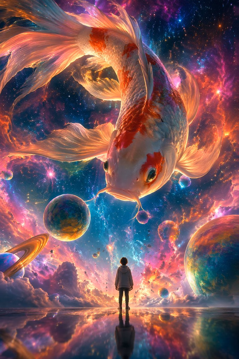 [AI生图咒语] 例238 – 星云巨鲤与小人的奇幻对话