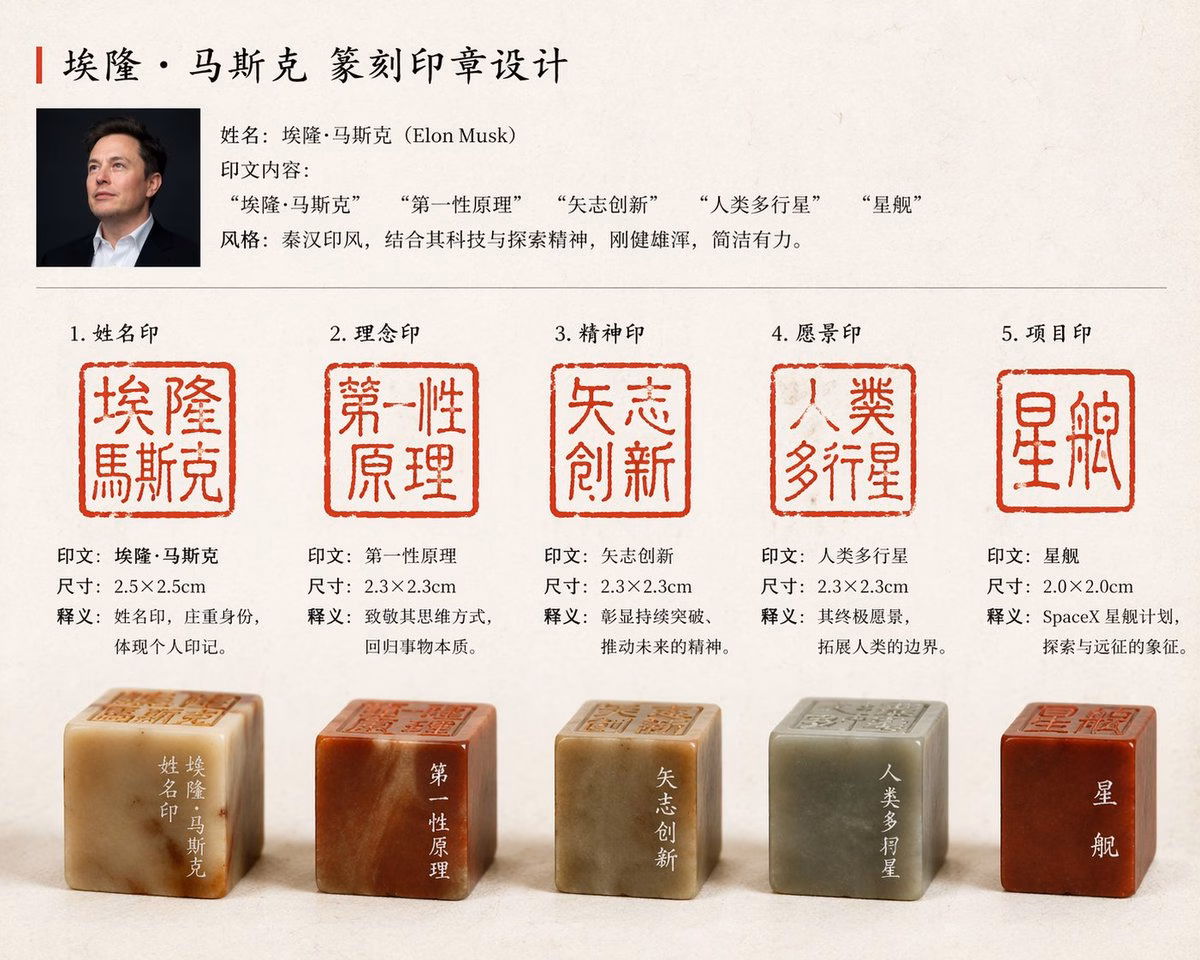 [AI生图咒语] 例245 – 马斯克专属篆刻印章设计