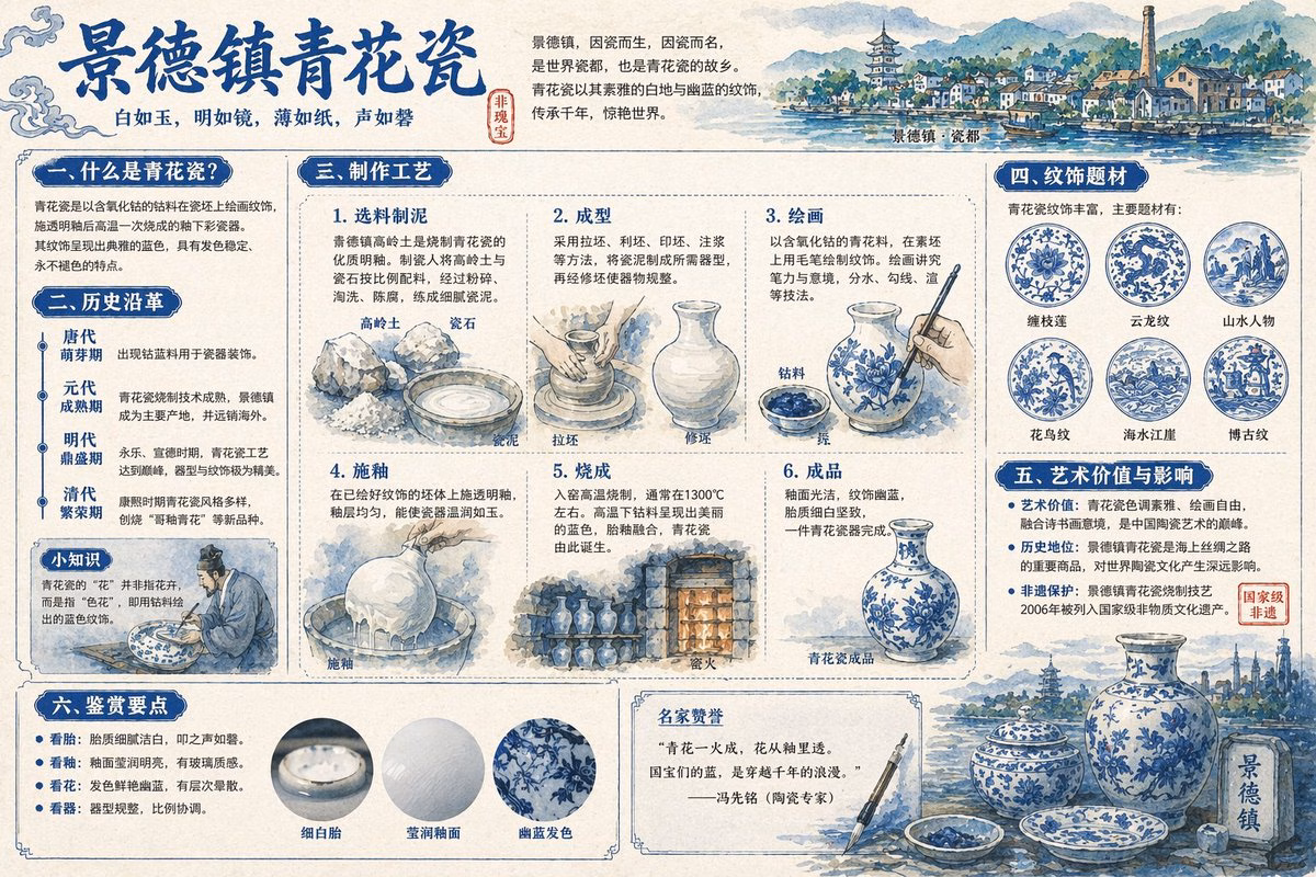 [AI生图咒语] 例248 – 景德镇青花瓷全景解说图谱