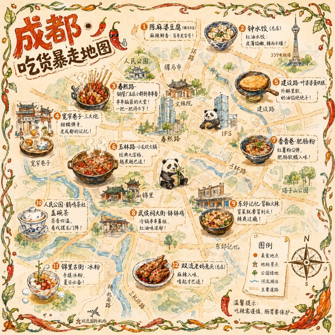 [AI生图咒语] 例274 – 成都吃货暴走手绘美食地图