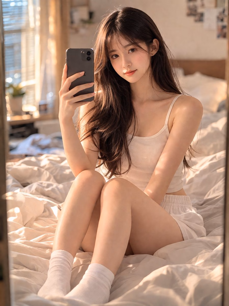 [AI生图咒语] 例284 – 温馨卧室里的少女自拍