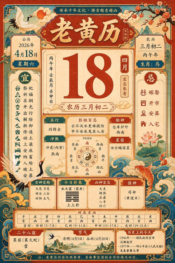 [AI生图咒语] 例295 – 复古传统老黄历二零二六年四月十八