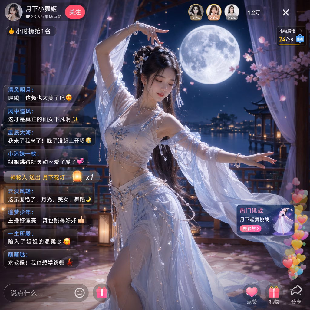 [AI生图咒语] 例330 – 月下美女直播画面
