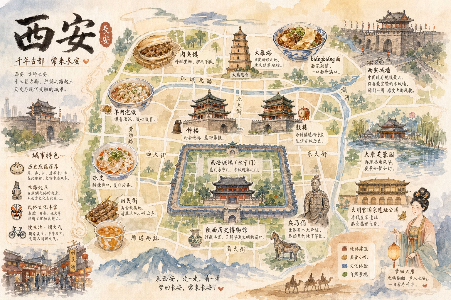 [AI生图咒语] 例331 – 西安手绘水彩城市地图