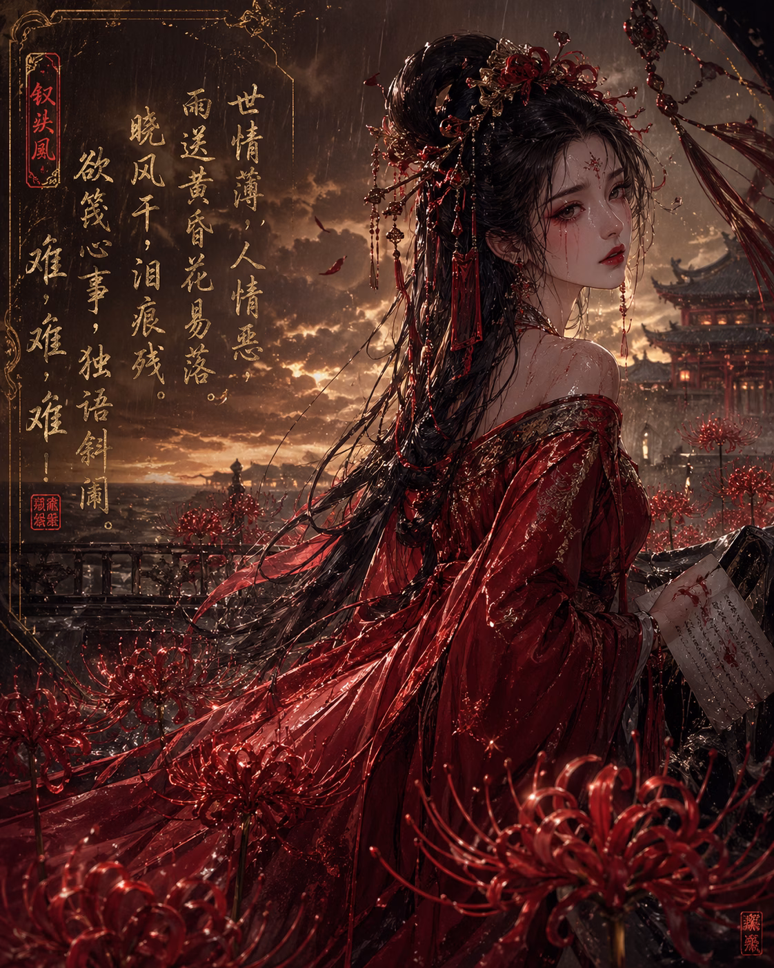 [AI生图咒语] 例340 – 彼岸花丛中的红妆女子