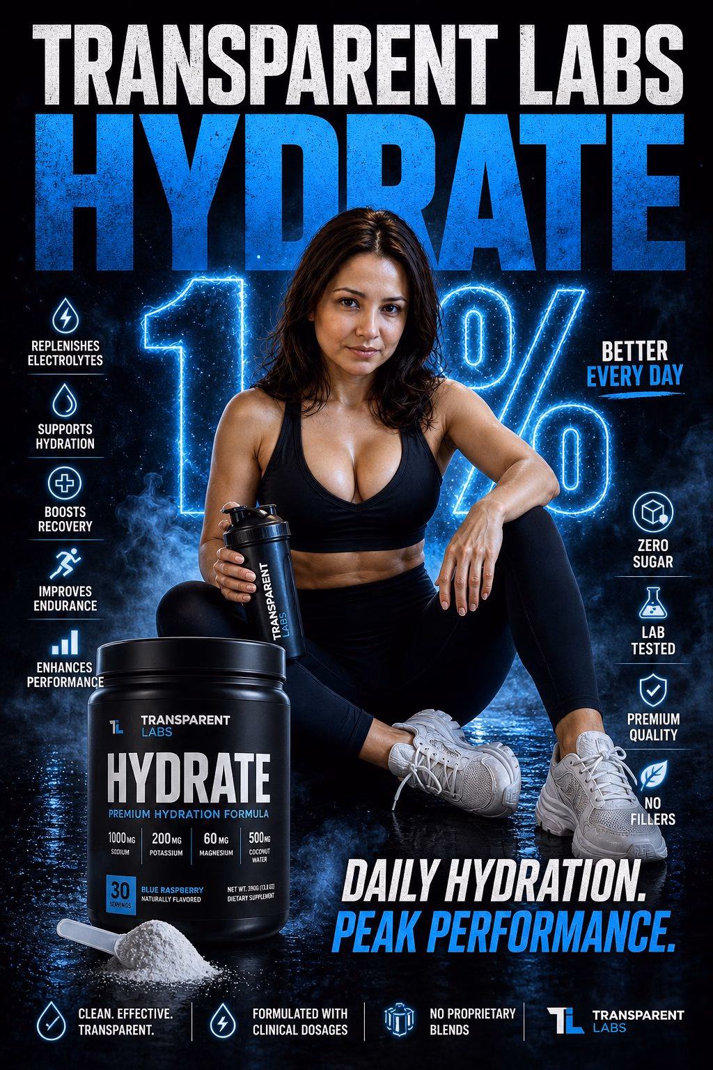 [AI生图咒语] 例389 – Transparent Labs Hydrate 健身补剂 Campaign