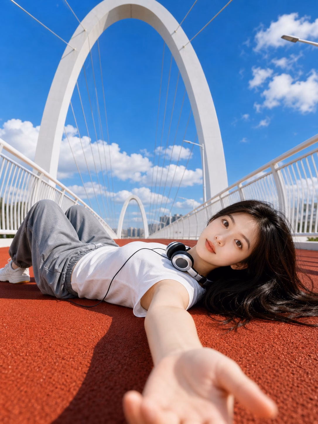 [AI生图咒语] 例420 – 红跑道低角度夏日人像