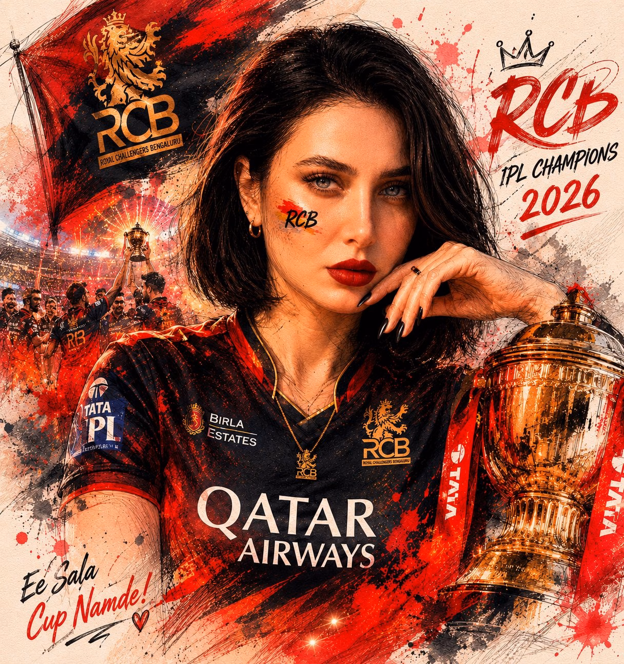 [AI生图咒语] 例486 – RCB 冠军混合媒介海报