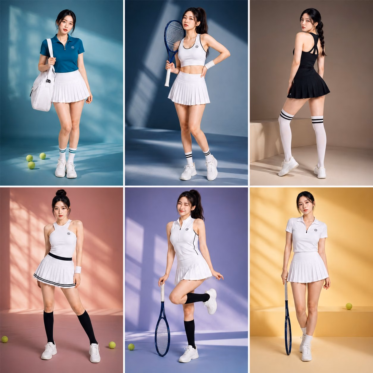 [AI生图咒语] 韩国美女模特奢华网球服时尚摄影六宫格