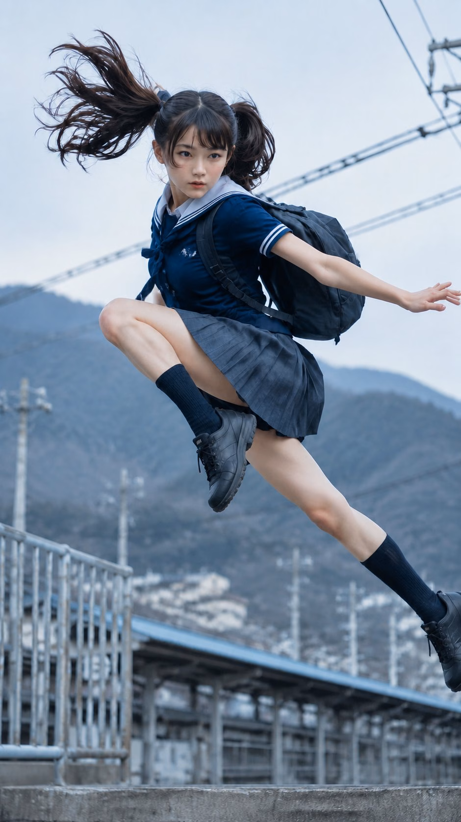 [AI生图咒语] 日系夏季制服少女山顶车站跃起写实全景