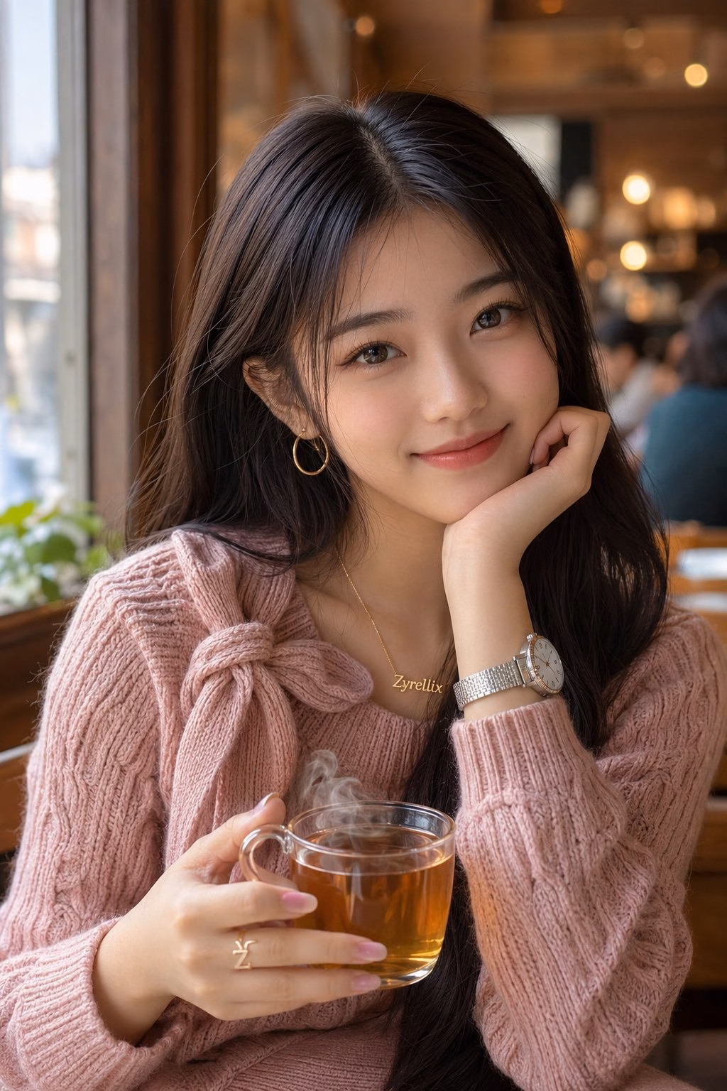 [AI生图咒语] 咖啡馆窗边粉色毛衣东亚女性特写人像