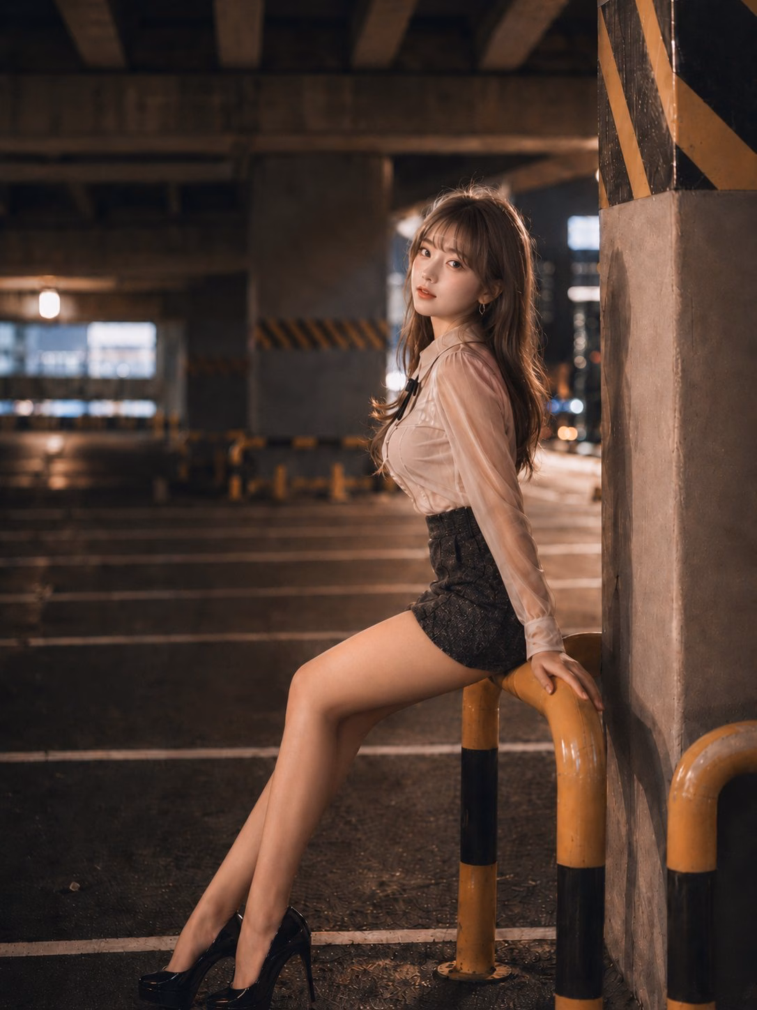 [AI生图咒语] 指尖残留的夜晚立体停车场时尚人像