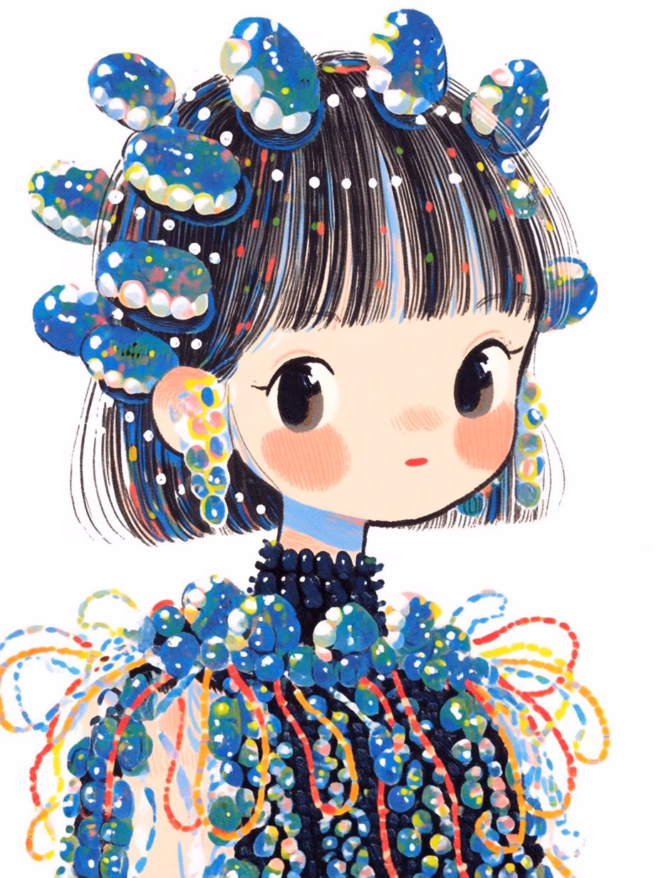 [AI生图咒语] 蓝珍珠礼服可爱女孩梦幻时装插画