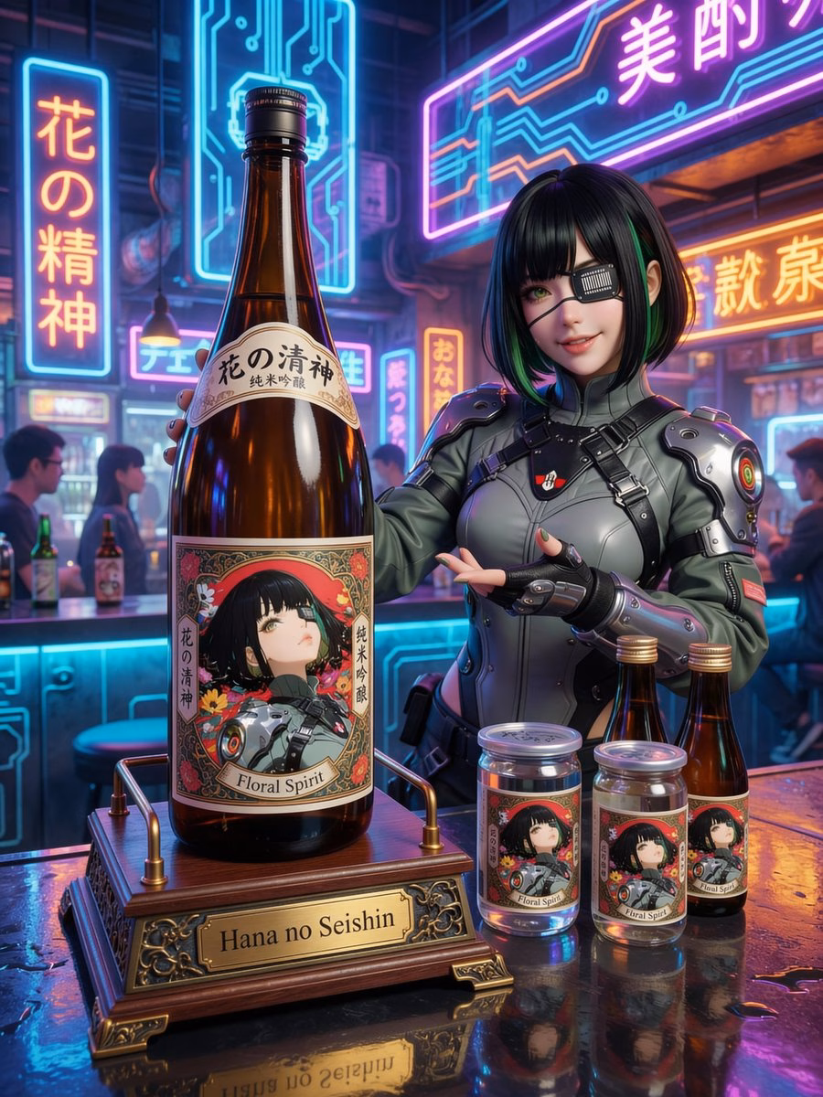 [AI生图咒语] 日式幻想风清酒瓶设计，角色拟人化的微醺美学