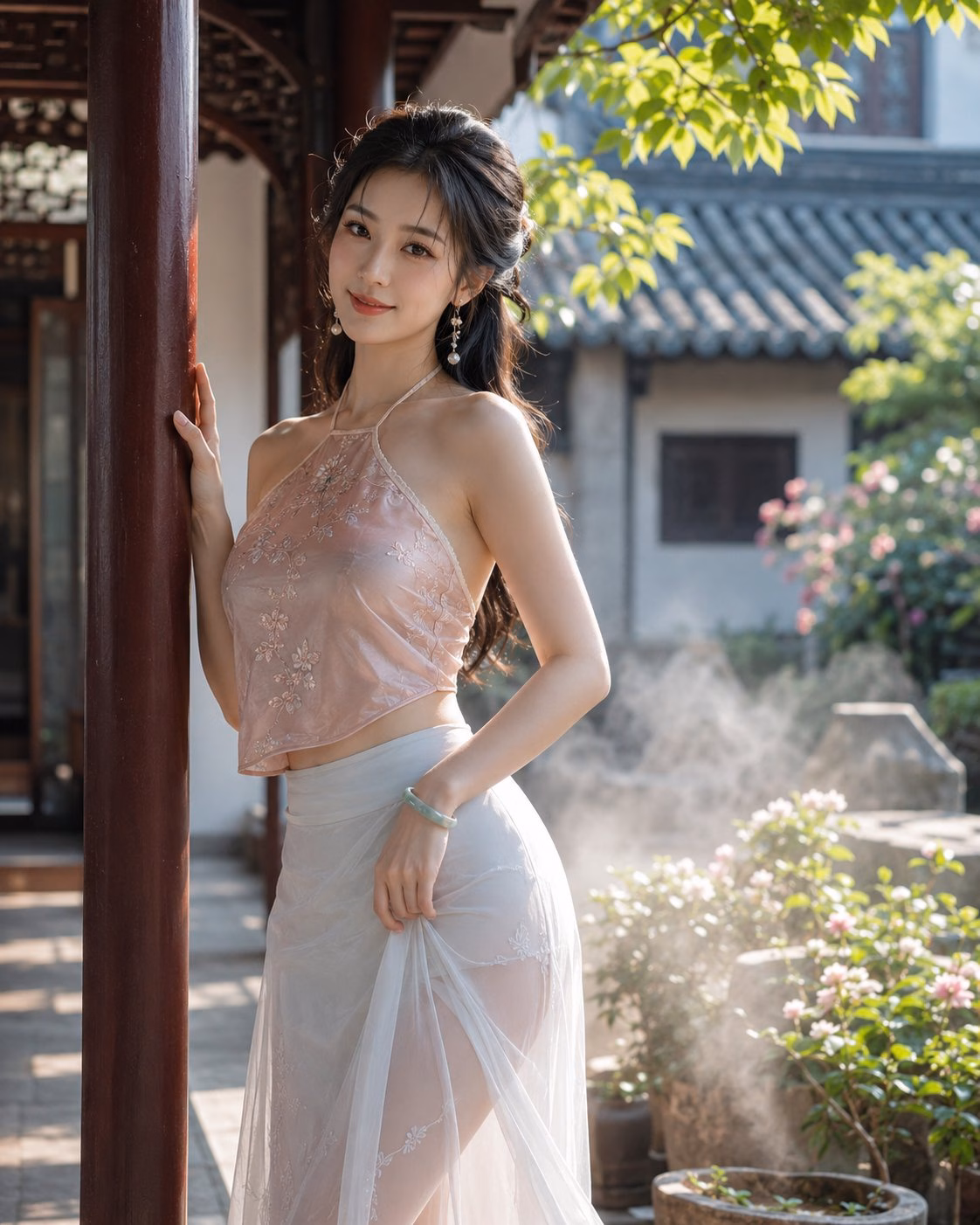 [AI生图咒语] 新中式庭院粉色真丝肚兜女性写实写真
