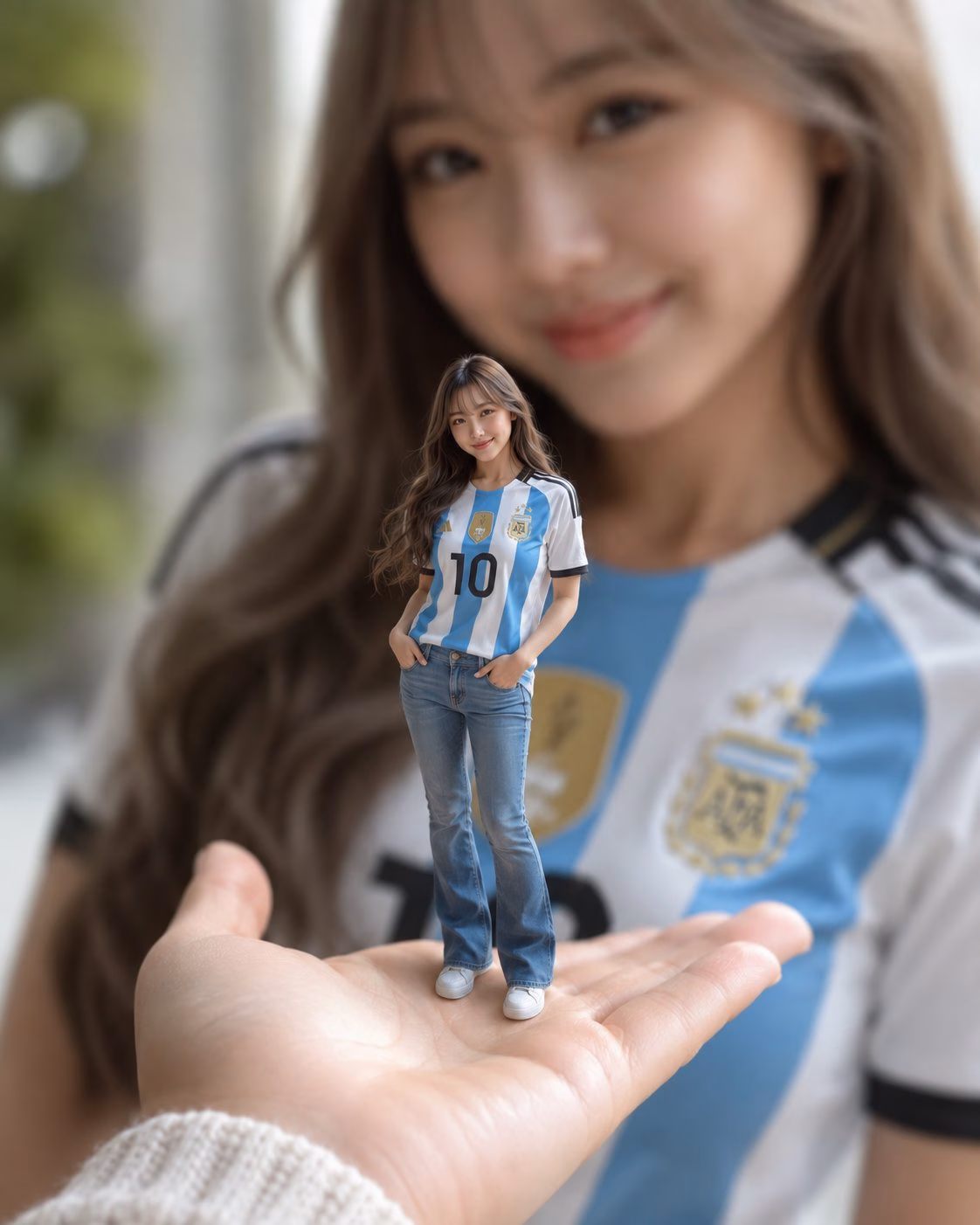 [AI生图咒语] 站在手掌上的阿根廷球衣微缩女性