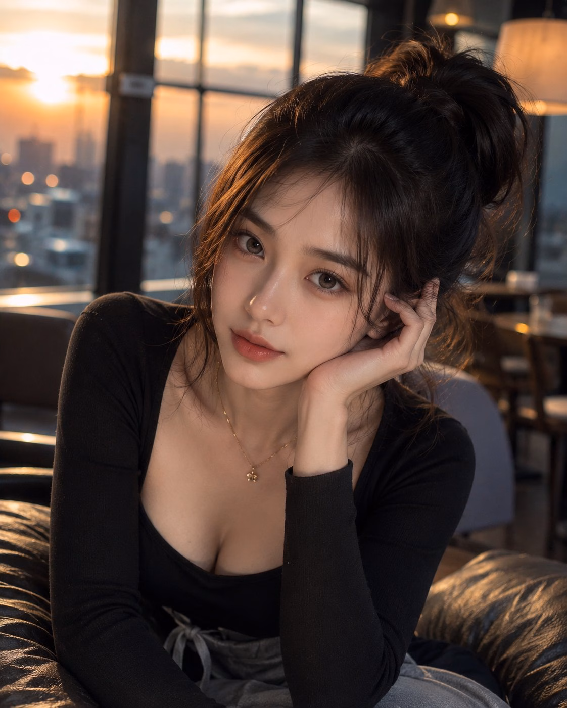 [AI生图咒语] 黄金时刻窗边东亚女性超写实人像