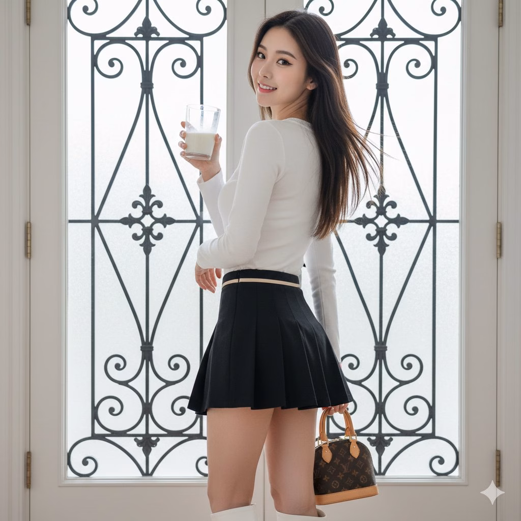 [AI生图咒语] 手持牛奶与LV包的时尚清纯美少女回眸