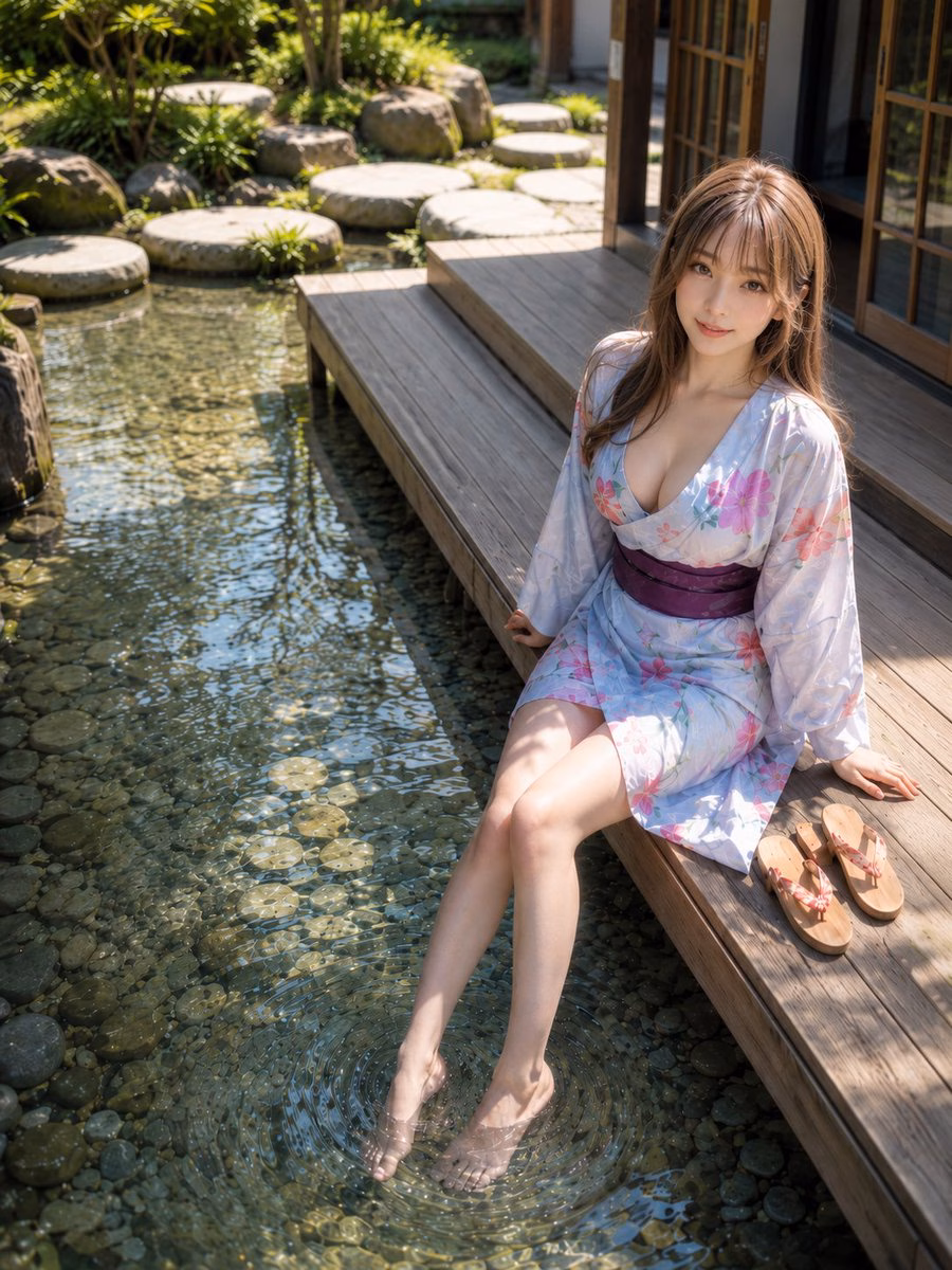 [AI生图咒语] 夏日庭院缘廊少女戏水实写肖像