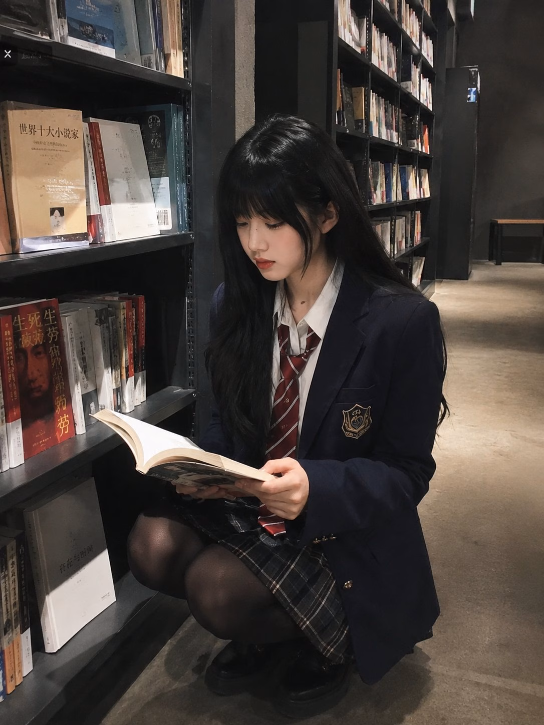 [AI生图咒语] 书店校服东亚美女手机实拍