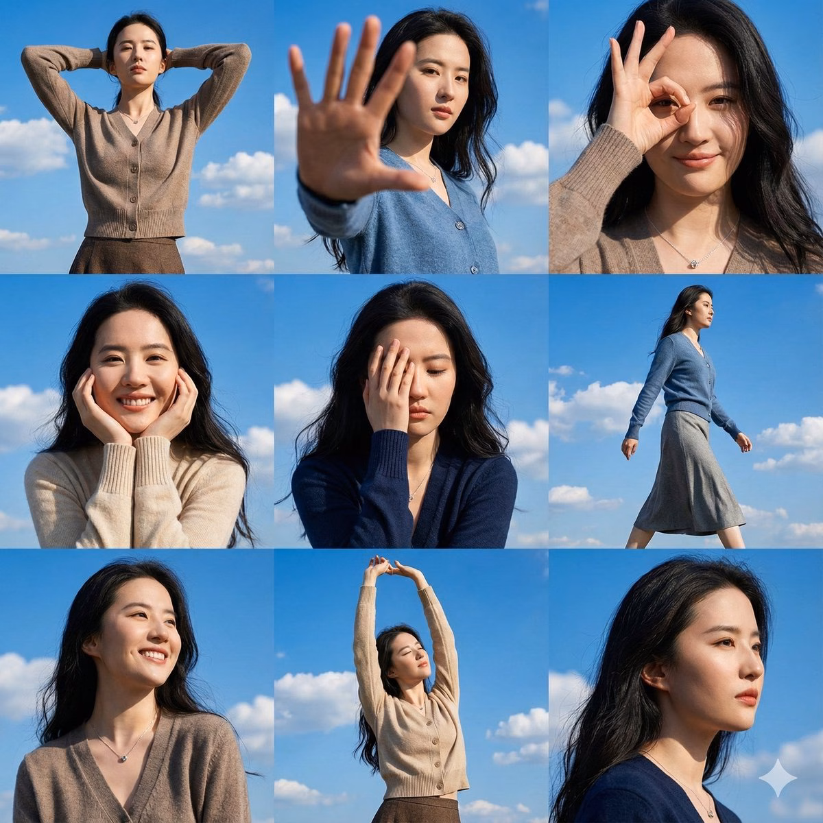 [AI生图咒语] 蔚蓝天际下的九宫格时尚写真大片